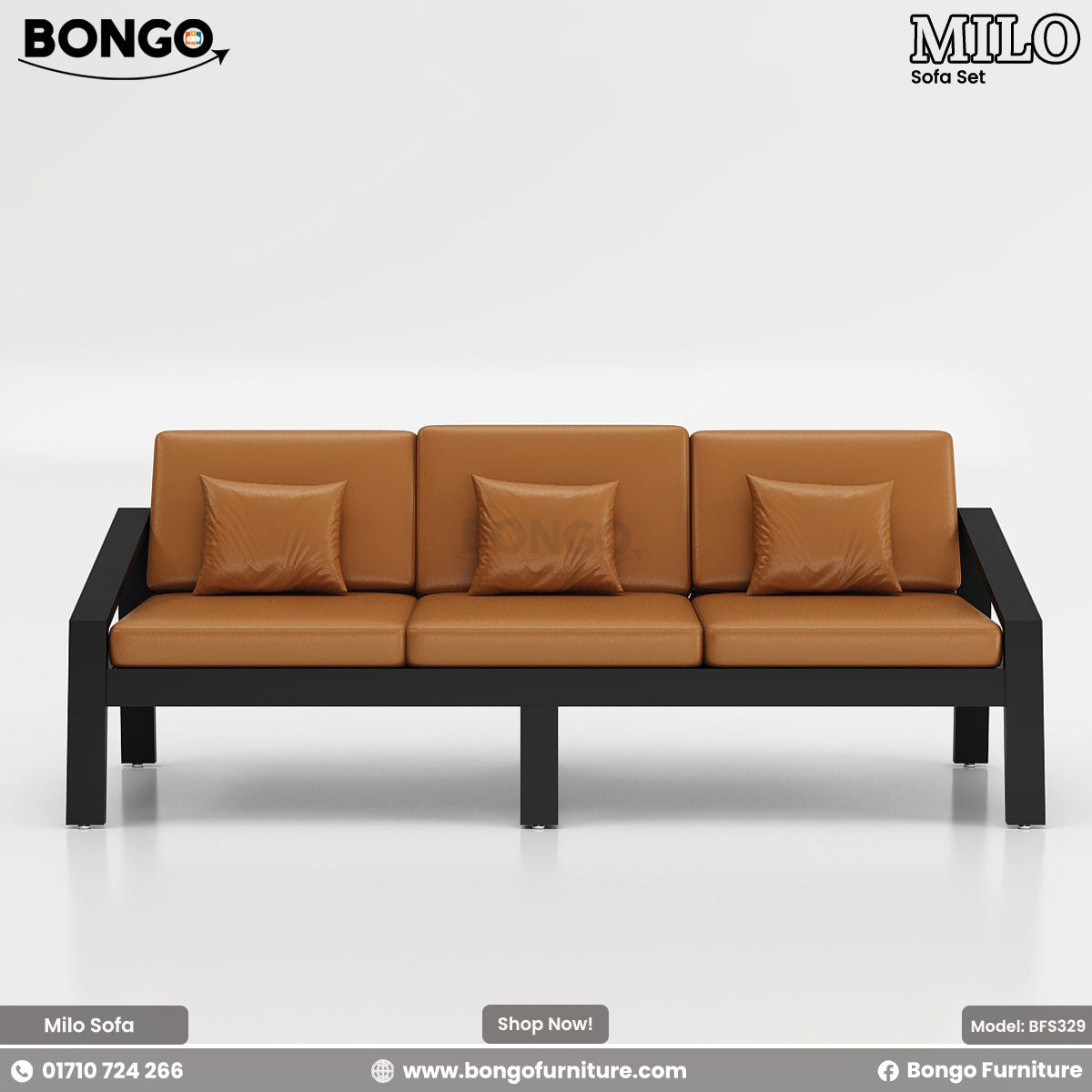 A modern three-seater sofa featuring a minimalist black metal frame and smooth, tan leather-style cushions. The sofa has a long bench seat, three separate back cushions, and three matching throw pillows. The design is simple and open, with a central leg for added support.