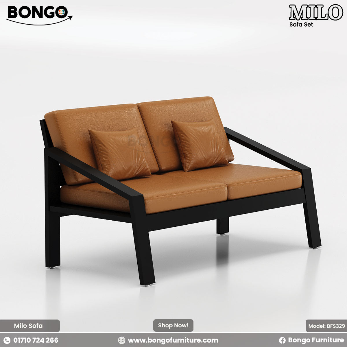 A modern three-seater sofa featuring a minimalist black metal frame and smooth, tan leather-style cushions. The sofa has a long bench seat, two separate back cushions, and three matching throw pillows. The design is simple and open, with a central leg for added support.