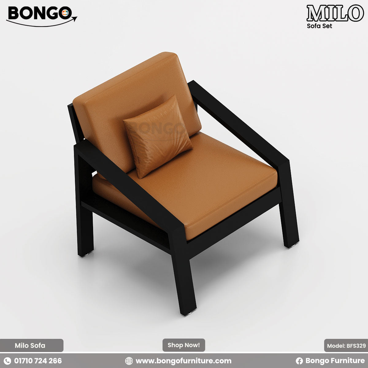 A modern three-seater sofa featuring a minimalist black metal frame and smooth, tan leather-style cushions. The sofa has a long bench seat, one separate back cushions, and three matching throw pillows. The design is simple and open, with a central leg for added support.