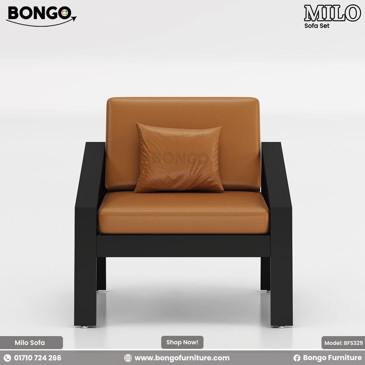 A modern three-seater sofa featuring a minimalist black metal frame and smooth, tan leather-style cushions. The sofa has a long bench seat, one separate back cushions, and three matching throw pillows. The design is simple and open, with a central leg for added support.