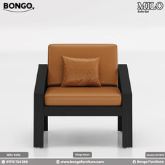 A modern three-seater sofa featuring a minimalist black metal frame and smooth, tan leather-style cushions. The sofa has a long bench seat, one separate back cushions, and three matching throw pillows. The design is simple and open, with a central leg for added support.