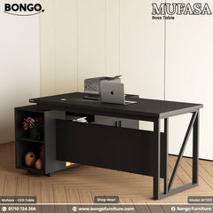 Black office desk with a laptop on a Water Resistant Strong Laminated Board top, featuring Bongo Furniture branding.