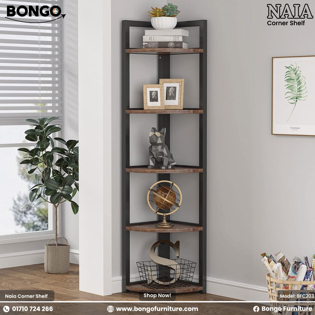 Corner shelf with decorative items in a room with a window and plant