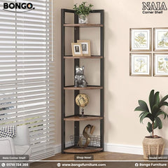 Tall metal corner shelf with decorative items in a room setting, featuring Bongo Furniture branding.