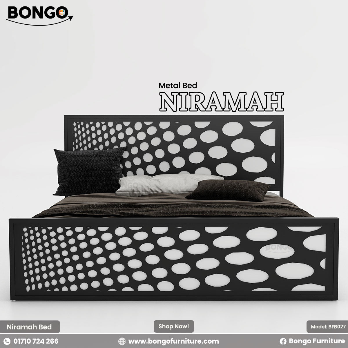 A promotional image of the "NIRAMAH Metal Bed" by Bongo. The modern bed frame is constructed from black metal and features a distinctive design. Both the tall, rectangular headboard and the matching lower footboard have a decorative laser-cut pattern of circles that gradually increase in size from left to right, creating a gradient polka-dot effect. The bed is styled with dark brown and grey bedding and is set against a plain, light grey background.