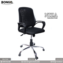 Black office chair with chrome base on a white background, featuring the Bongo Furniture brand.
