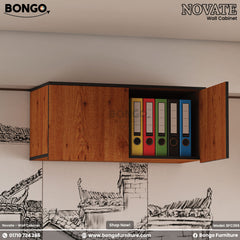 A brown Novate wall cabinet with doors open showing storage inside, mounted on a wall with a decorative drawing below.