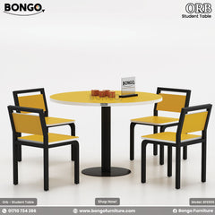 Round table with four yellow chairs on a white background, featuring Bongo Furniture branding.