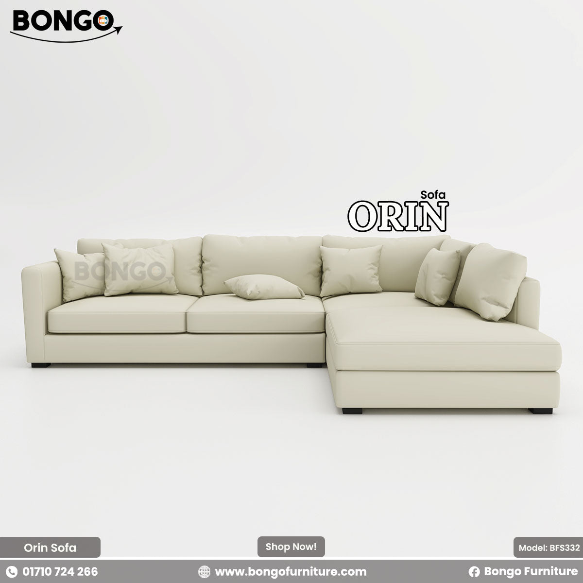 A promotional image of the 'Sofa ORIN', a large, L-shaped sectional sofa upholstered in a light cream fabric. The modern, low-profile design features slim track arms and a right-facing chaise lounge. The sofa is topped with an abundance of assorted plush pillows for a comfortable, relaxed look.

