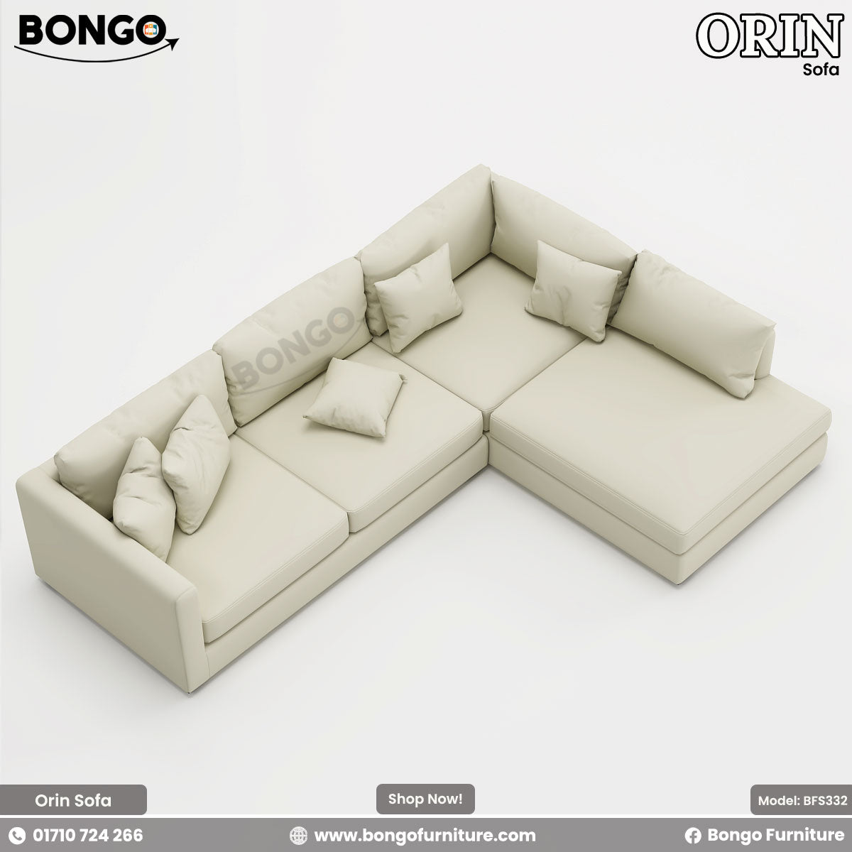 A high-angle view of a large, L-shaped sectional sofa upholstered in a light cream fabric. The modern, low-profile sofa features slim track arms and a right-facing chaise lounge. The back is styled with an abundance of matching plush pillows, creating a relaxed and comfortable appearance.