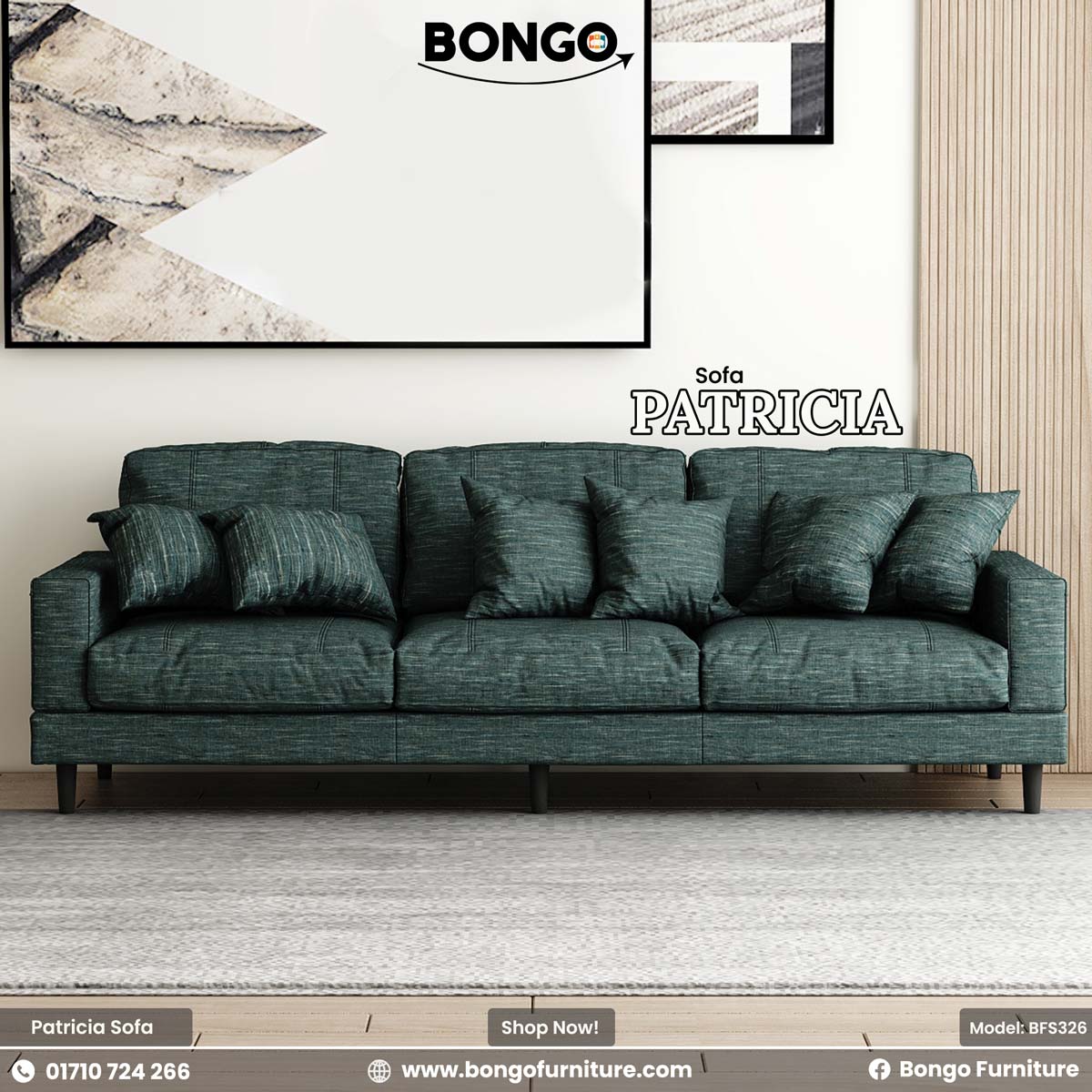 A beige Patricia sofa with plush fabric upholstery and high-density foam cushions, displayed in a room setting with the Bongo Furniture logo.