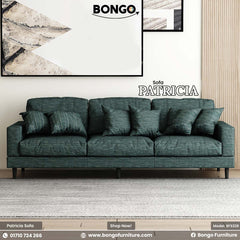 A beige Patricia sofa with plush fabric upholstery and high-density foam cushions, displayed in a room setting with the Bongo Furniture logo.