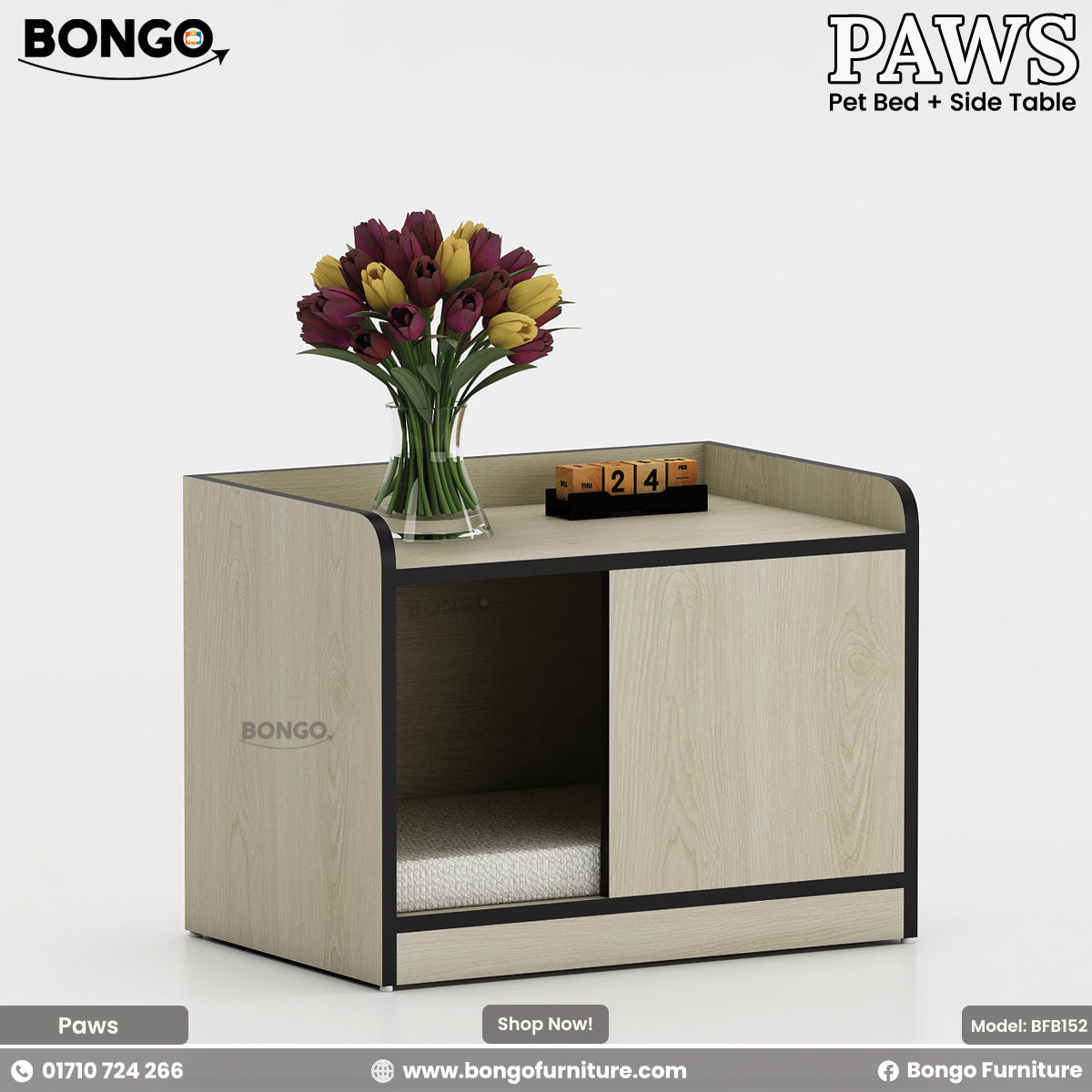 Bongo Paws pet bed and side table with a vase of flowers on a white background