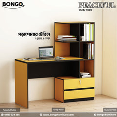 Yellow and black study table with bookshelf in a room setting, featuring Bongo Furniture branding.