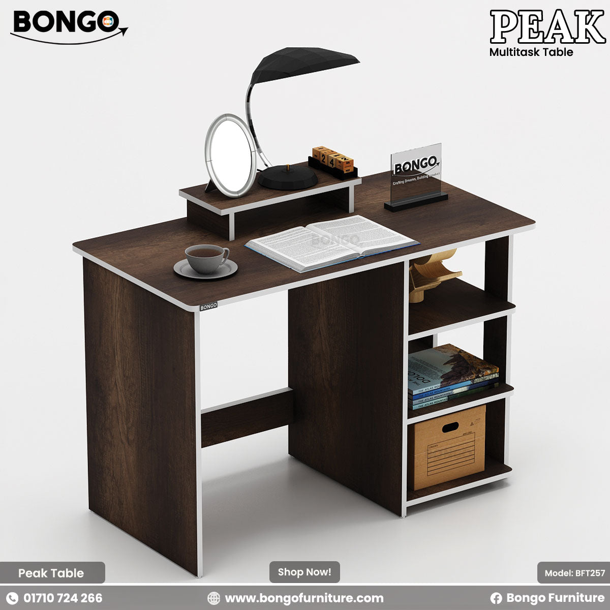 Bongo Peak multitask table with shelves and desk space on a white background
