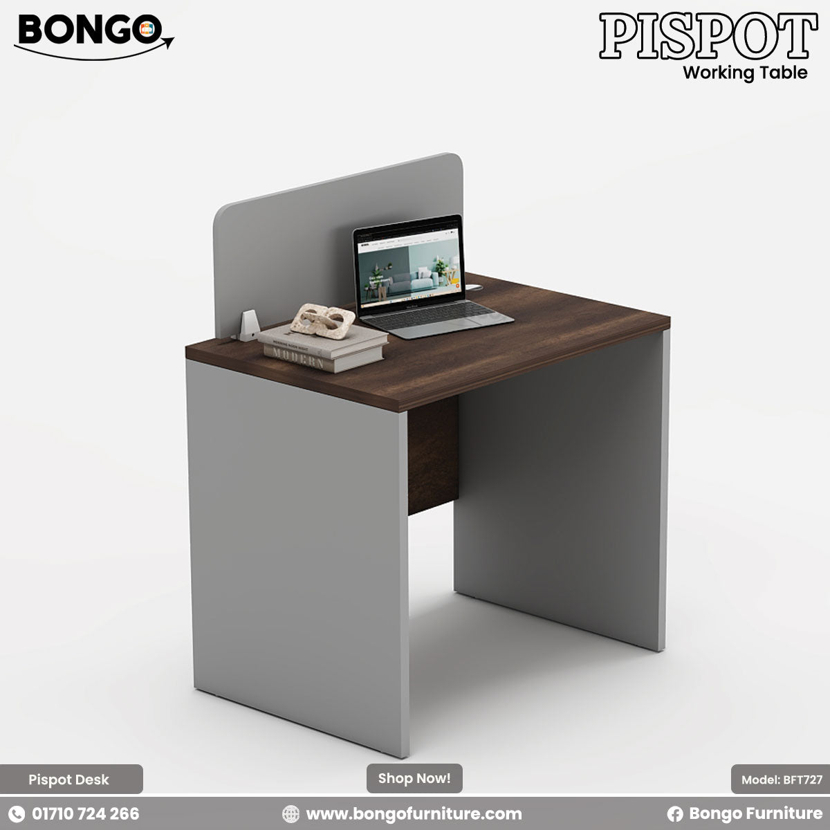Bongo Pispot working table with a laptop and books on a white background