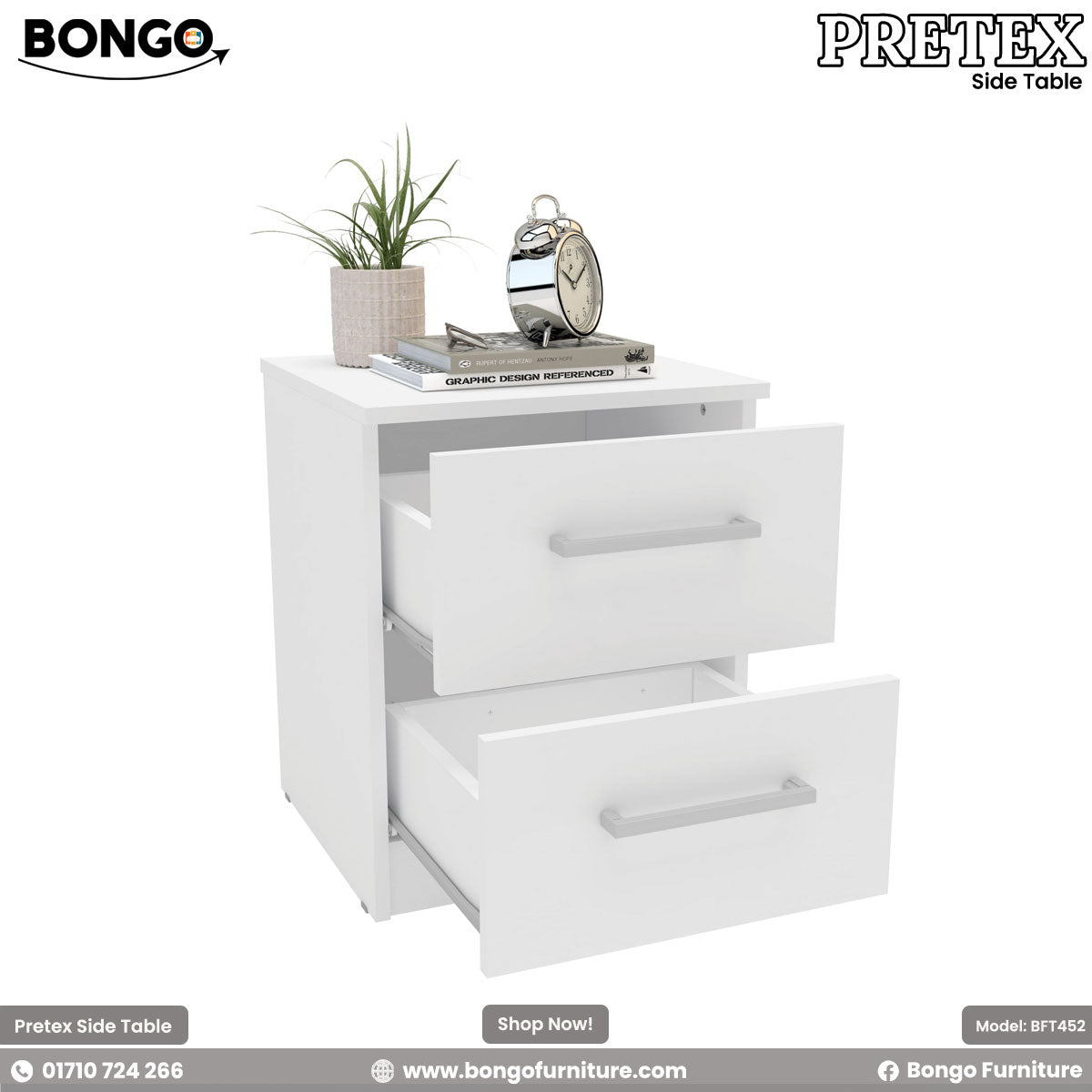A modern white two-drawer nightstand shown in a bedroom setting. The simple, rectangular bedside table has two drawers with silver bar pulls and is decorated on top with a plant, books, and a classic silver alarm clock.