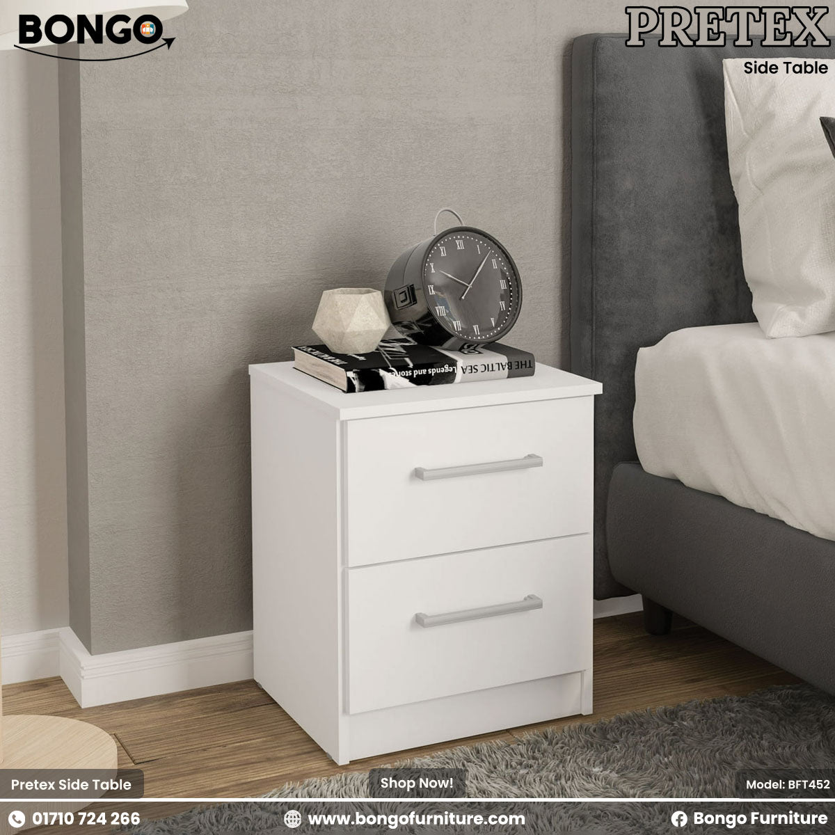 A modern white two-drawer nightstand shown in a bedroom setting. The simple, rectangular bedside table has two drawers with silver bar pulls and is decorated on top with a plant, books, and a classic silver alarm clock.