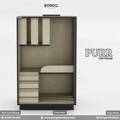 Cat house with Bongo and Purr branding on a Albino Black background