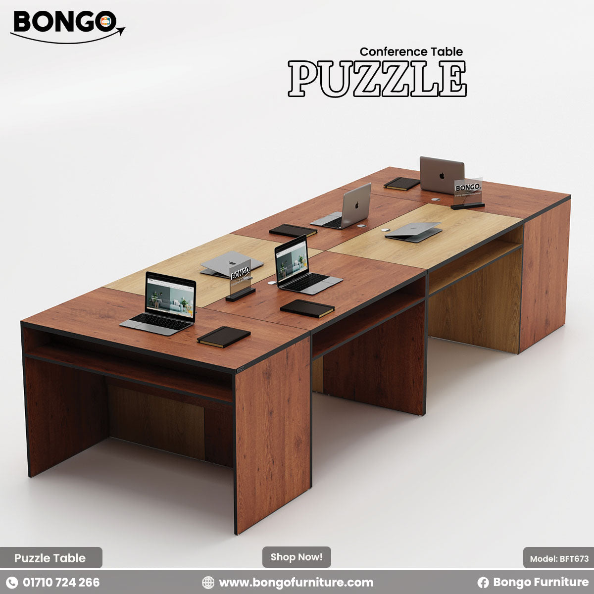 Granada Pine - Red Oak - Black Edging conference table with multiple laptop displays on a white background, featuring the Bongo Furniture brand.