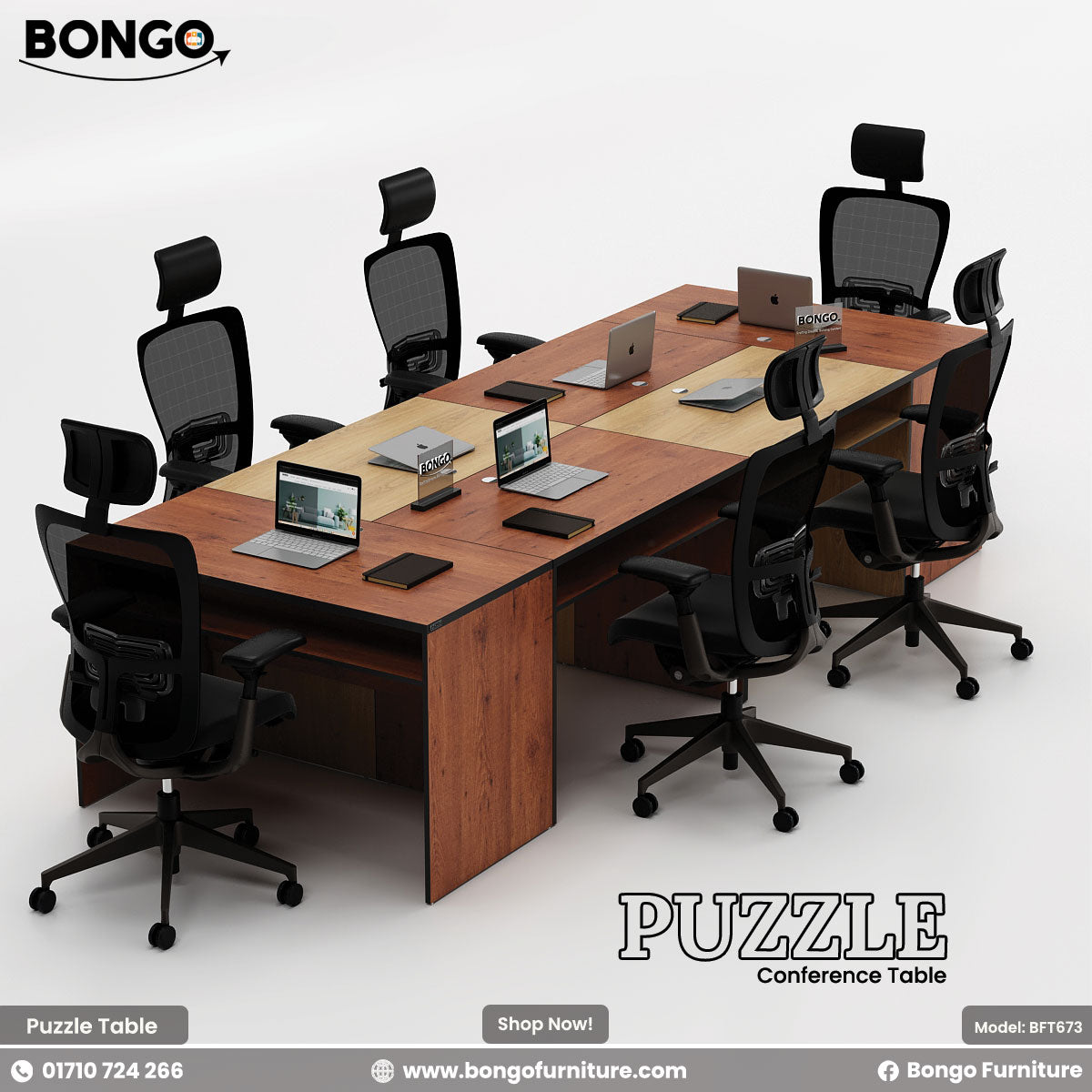 Conference table with multiple chairs and laptops on a white background, featuring Bongo Furniture branding.