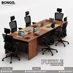 Conference table with multiple chairs and laptops on a white background, featuring Bongo Furniture branding.