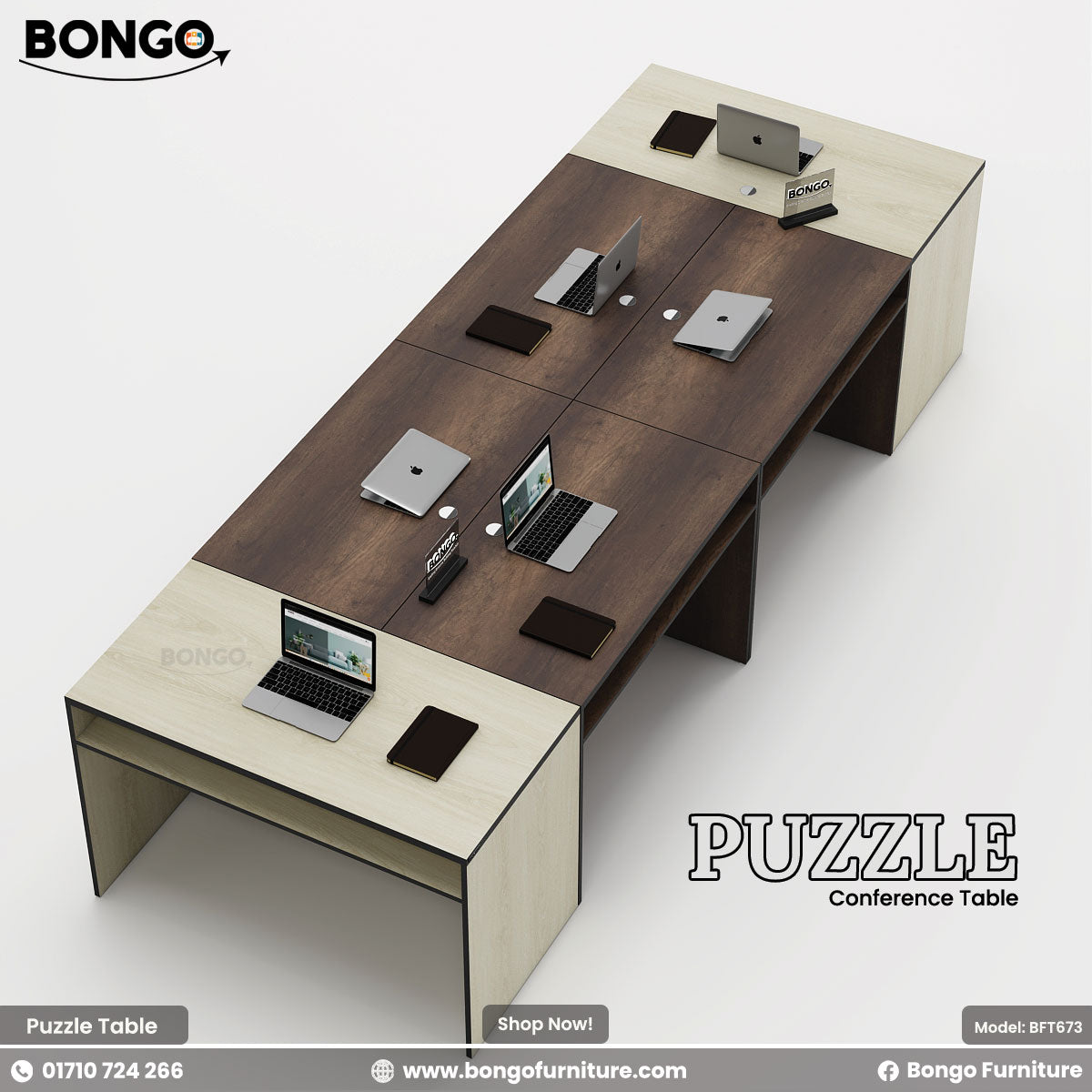 Bongo Furniture Puzzle Conference Table with multiple laptop stations on a white background