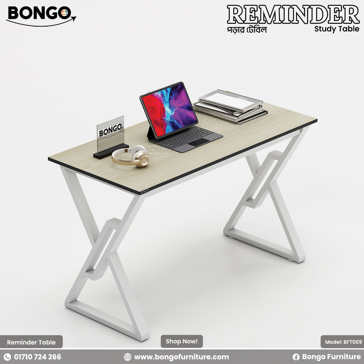 Reminder Study Table - Length 42 Inches, Depth 22 Inches, Height 30 Inches - Water Resistant Laminated board - Mild steel frame - Heat Paint Coated. Color is Albino and White. Shop Now!