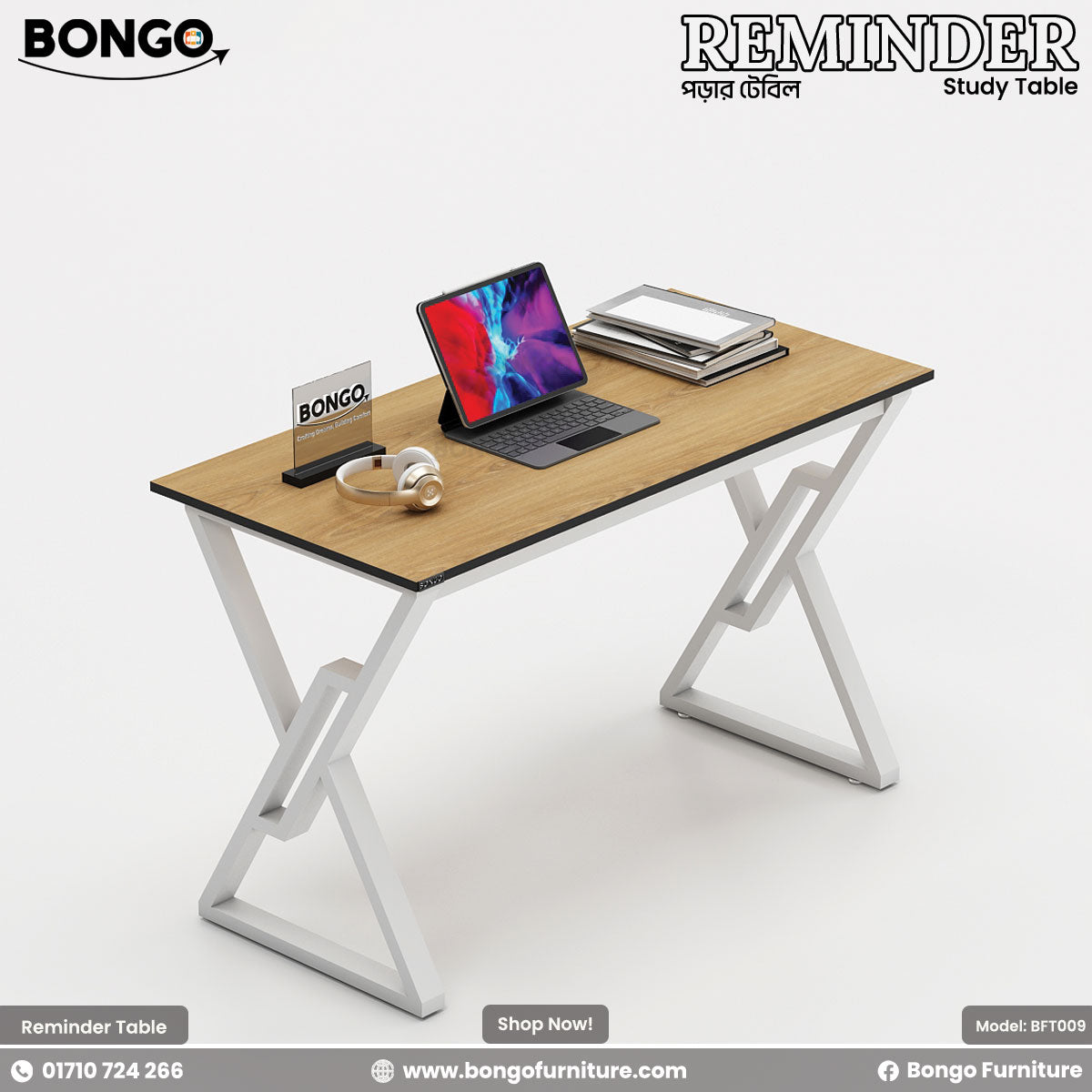 Reminder Study Table - Length 42 Inches, Depth 22 Inches, Height 30 Inches - Water Resistant Laminated board - Mild steel frame - Heat Paint Coated. Color is Red Oak and White. Shop Now!