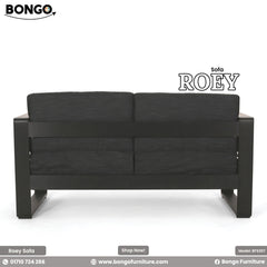 Black sofa labeled 'Sofa ROEY' with Bongo Furniture branding on a white background