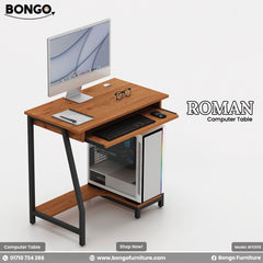 Water Resistant Strong Laminated Board computer desk with a monitor, keyboard, and other accessories on a white background, featuring the Bongo Furniture brand.