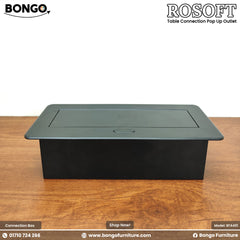 Bongo Rosoft table connection pop-up outlet on a Water Resistant Strong Laminated Board surface with branding and product details.