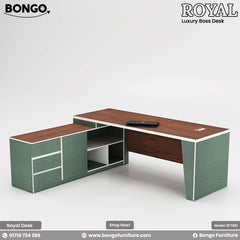 Luxury boss desk with green and brown design, featuring Bongo Furniture branding.
