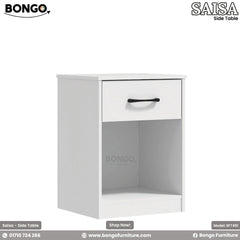 A white side table with a drawer and an open shelf, featuring a black handle, with the BONGO brand logo on the top right corner.