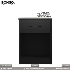 A white side table with a drawer and an open shelf, featuring a black handle, with the BONGO brand logo on the top right corner.