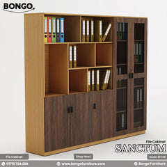 A promotional image of the "SANCTUM File Cabinet" by Bongo, shown from a three-quarter angle. The large, modern office storage unit features a two-tone design with a light wood-grain frame and dark wood-grain doors. The cabinet is configured with a lower section of four cupboard doors, an upper section of open shelving, and a tall, two-door cabinet with tinted glass panels and a lock on the right side. The shelves are filled with colorful office ring binders.