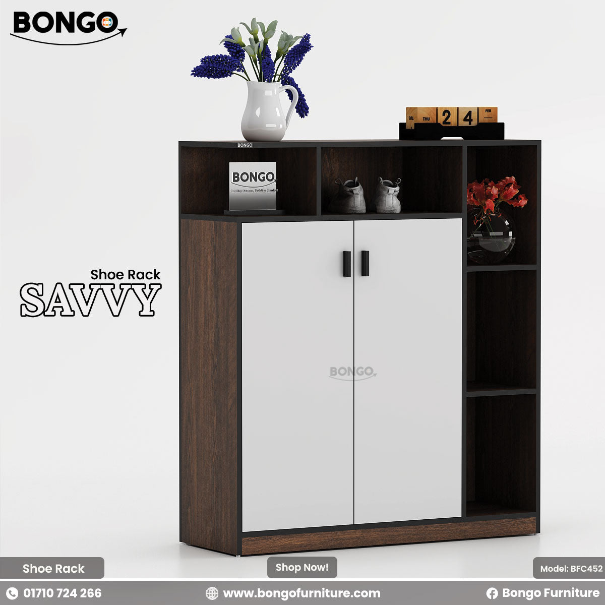 A product image of the "SAVVY Shoe Rack," featuring a dark wood grain frame and shelves. The modern cabinet has two central white doors with vertical black handles, contrasted against the dark wood. It is surrounded by open, cubby-style shelves on the top and right side. The shelves are styled with decorative items, including a vase of purple flowers, a pair of miniature sneakers, a wooden block calendar, and a vase of red flowers. The "BONGO" and "SAVVY" brand names are displayed on the left of the image.