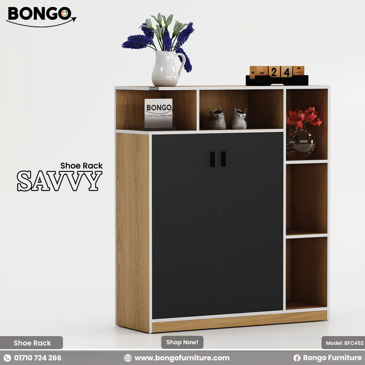 A promotional product image of the "SAVVY Shoe Rack" from the brand Bongo. The modern cabinet has a light wood grain frame with a contrasting white trim. It features two central black doors with small silver handles, surrounded by open, cubby-style shelves on the top and right side. The shelves are styled with decorative items, including a vase of purple flowers, two cat figurines, a wooden block calendar, and a vase of red flowers.