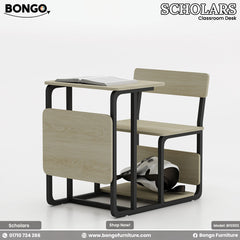A modern student desk and chair set with a minimalist design, shown from a high angle. Both pieces feature a light Water Resistant Strong Laminated Board finish on the surfaces and a matte black metal frame. The desk has a rectangular top with a small, foldable side leaf, and the matching chair has a simple seat and backrest.