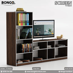 A brown Water Resistant Strong Laminated Board TV stand with multiple shelves, featuring a flat-screen TV on top, books, and decorative items.