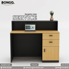 Reception desk with black and Beach finish, featuring Bongo Furniture branding.