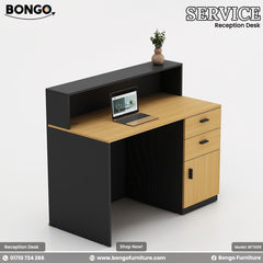 Reception desk with black and Beach finish, featuring Bongo Furniture branding.