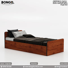 A single bed with brown Water Resistant Strong Laminated Board headboard and footboard, featuring gray bedding and pillows, placed against a white wall with a decorative picture above it.