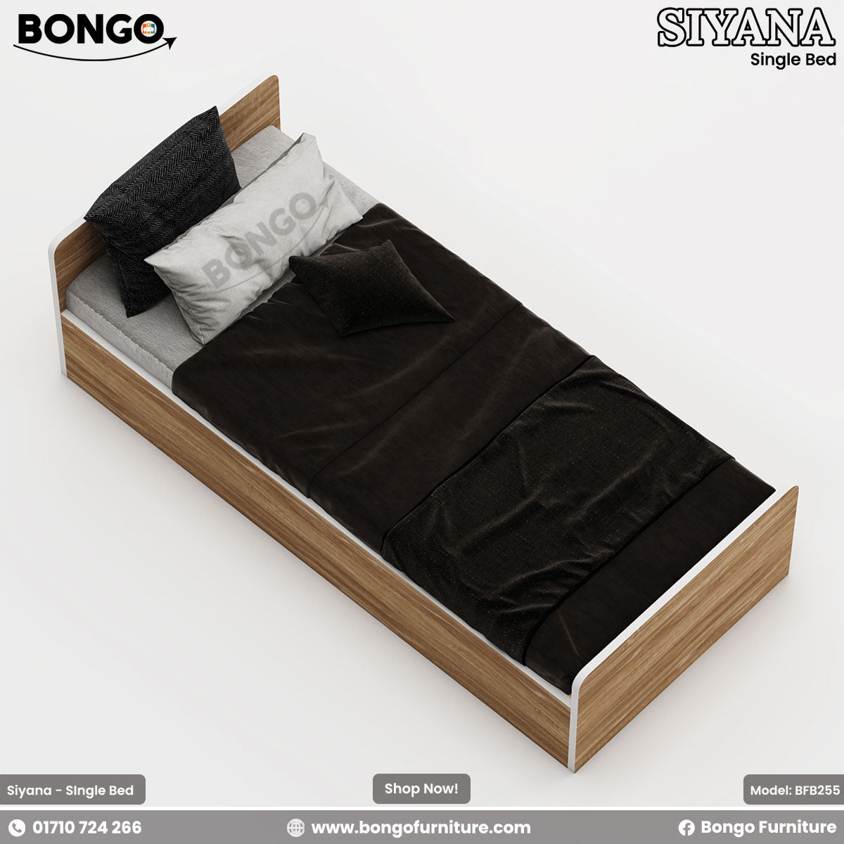 A promotional image of the 'SIYANA Single Bed' from BONGO, shown from a high angle. The modern platform bed features a light wood-grain frame with a contrasting white outline. The bed has a low headboard and is styled with dark gray bedding and pillows.