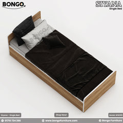 A promotional image of the 'SIYANA Single Bed' from BONGO, shown from a high angle. The modern platform bed features a light wood-grain frame with a contrasting white outline. The bed has a low headboard and is styled with dark gray bedding and pillows.
