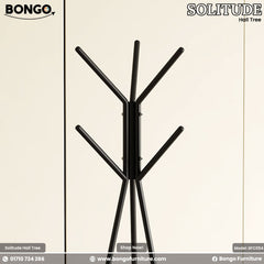 Black hall tree with multiple hooks on a beige background, featuring Bongo Furniture branding.