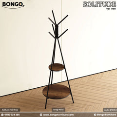 Bongo Solitude Hall Tree with wooden shelves on a wooden floor.