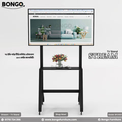 A promotional image of the 'STREAM TV Stand' from BONGO. The tall, black metal stand is on wheels and features a mount for a large TV and a single media shelf. The image includes Bengali text specifying that it can hold up to a 75-inch TV and has a 180 kg capacity. The stand is shown with a TV and a vase of flowers.