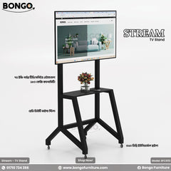 A promotional image of the 'STREAM TV Stand' from BONGO. The tall, black metal stand is on wheels and features a mount for a large TV and a single media shelf. The image includes Bengali text specifying that it can hold up to a 75-inch TV and has a 180 kg capacity. The stand is shown with a TV and a vase of flowers.