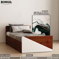 A single bed with brown Water Resistant Strong Laminated Board headboard and footboard, featuring a white mattress and bedding, placed against a wall with a decorative poster.